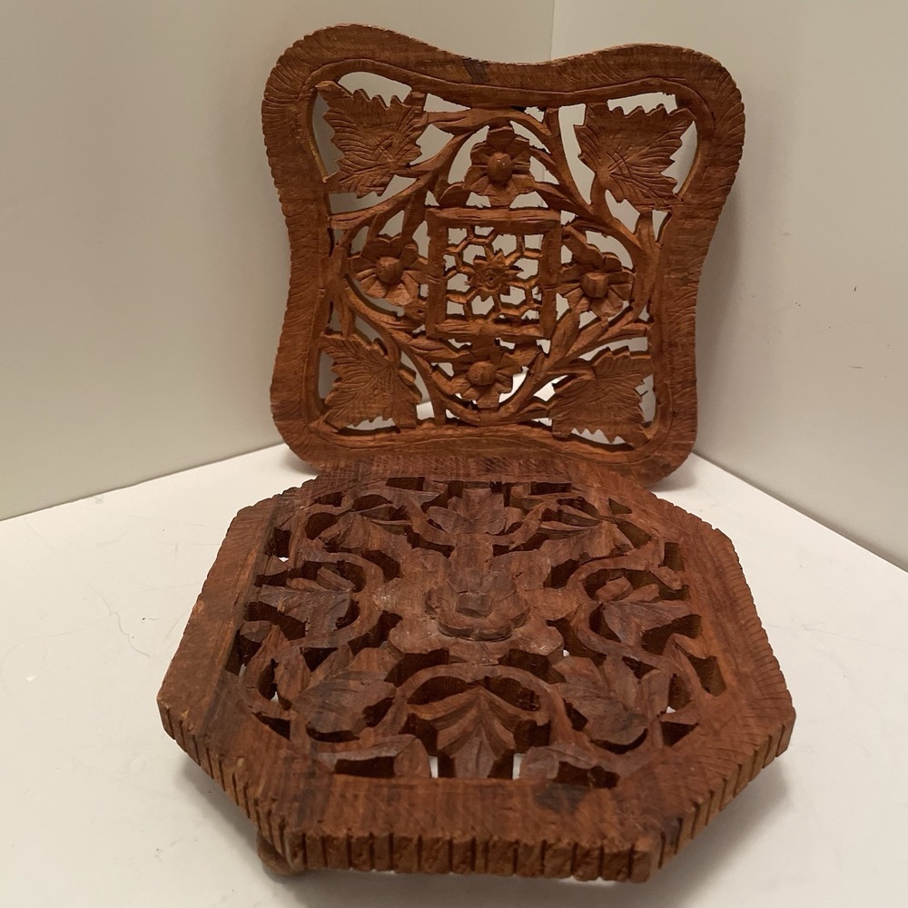 Vintage Hand Carved Wood Trivets Set of 2 Made in India Boho Kitchen Hot Pads